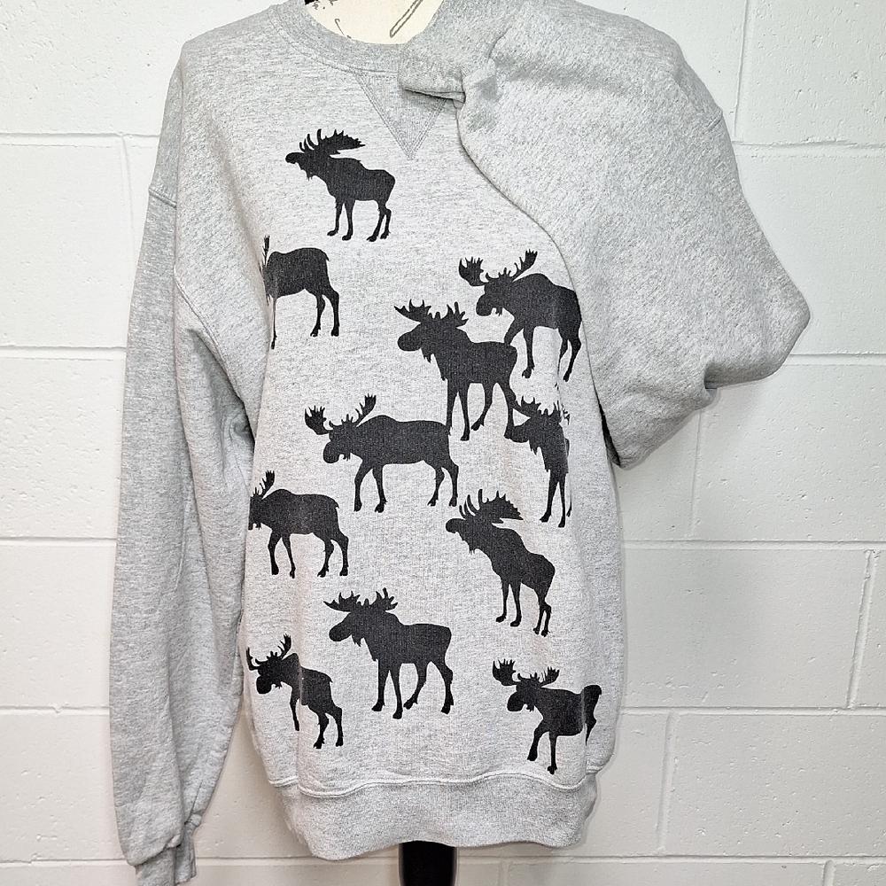 Uni-sex Marushka Gray Moose Pattern Crewneck Sweatshirt.